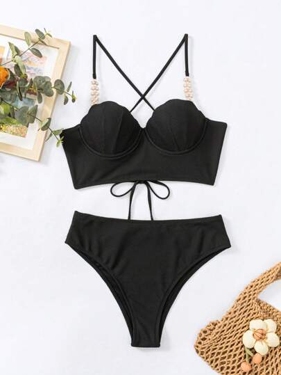 珍珠鏈條裝飾後背繫帶聚攏比基尼泳裝
