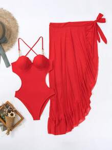 SHEIN Swim Beach Backless Halter One-Piece Swimsuit Summer - Red - View 1