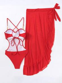 SHEIN Swim Beach Backless Halter One-Piece Swimsuit Summer - Red - View 2