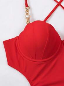 SHEIN Swim Beach Backless Halter One-Piece Swimsuit Summer - Red - View 4