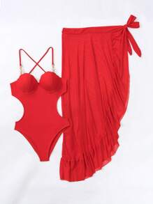 SHEIN Swim Beach Backless Halter One-Piece Swimsuit Summer - Red - View 8