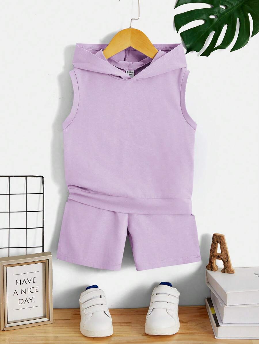 SHEIN 小男童素色連帽背心上衣和短褲 - 紫丁香色 - 查看 1