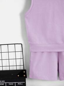 SHEIN 小男童素色連帽背心上衣和短褲 - 紫丁香色 - 查看 4