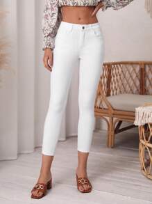 SHEIN Essnce Quần jean nữ Nút Túi Dây kéo màu trơn - trắng - Xem 1