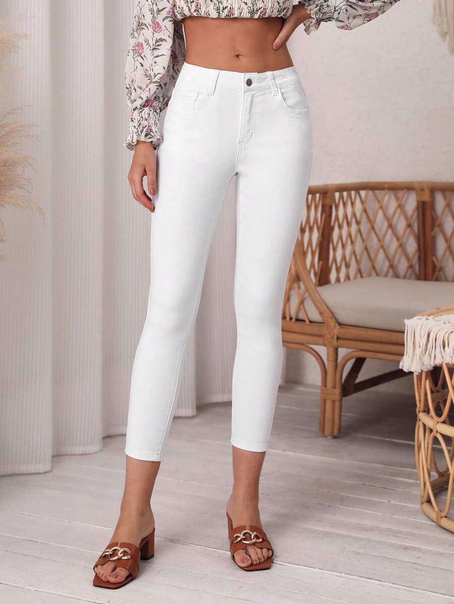 SHEIN Essnce Quần jean nữ Nút Túi Dây kéo màu trơn - trắng - Xem 1