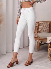 SHEIN Essnce Quần jean nữ Nút Túi Dây kéo màu trơn - trắng - Xem 5