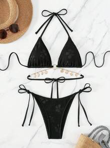 链式吊带三角带侧边比基尼套装，适合夏季海滩度假 - 黑色 - 查看 5