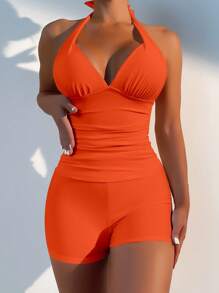 SHEIN Swim Ruched Tummy Control Halter Tankini Swimwear Set, Summer Beach Bathing Suit - Orange - View 1