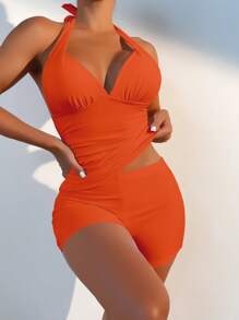 SHEIN Swim Ruched Tummy Control Halter Tankini Swimwear Set, Summer Beach Bathing Suit - Orange - View 4