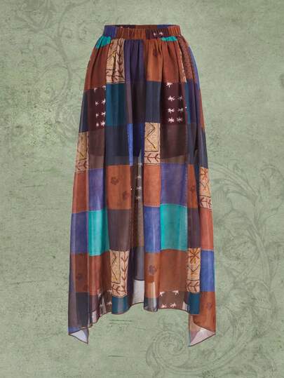 Hippie Patchwork Print Asymmetrical Hem Skirt
