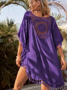 Hollow Out Tassel Trim Cover Up Dress, For Summer Beach Vacation - Violet Purple - View 2