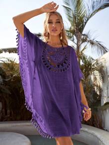 Hollow Out Tassel Trim Cover Up Dress, For Summer Beach Vacation - Violet Purple - View 3