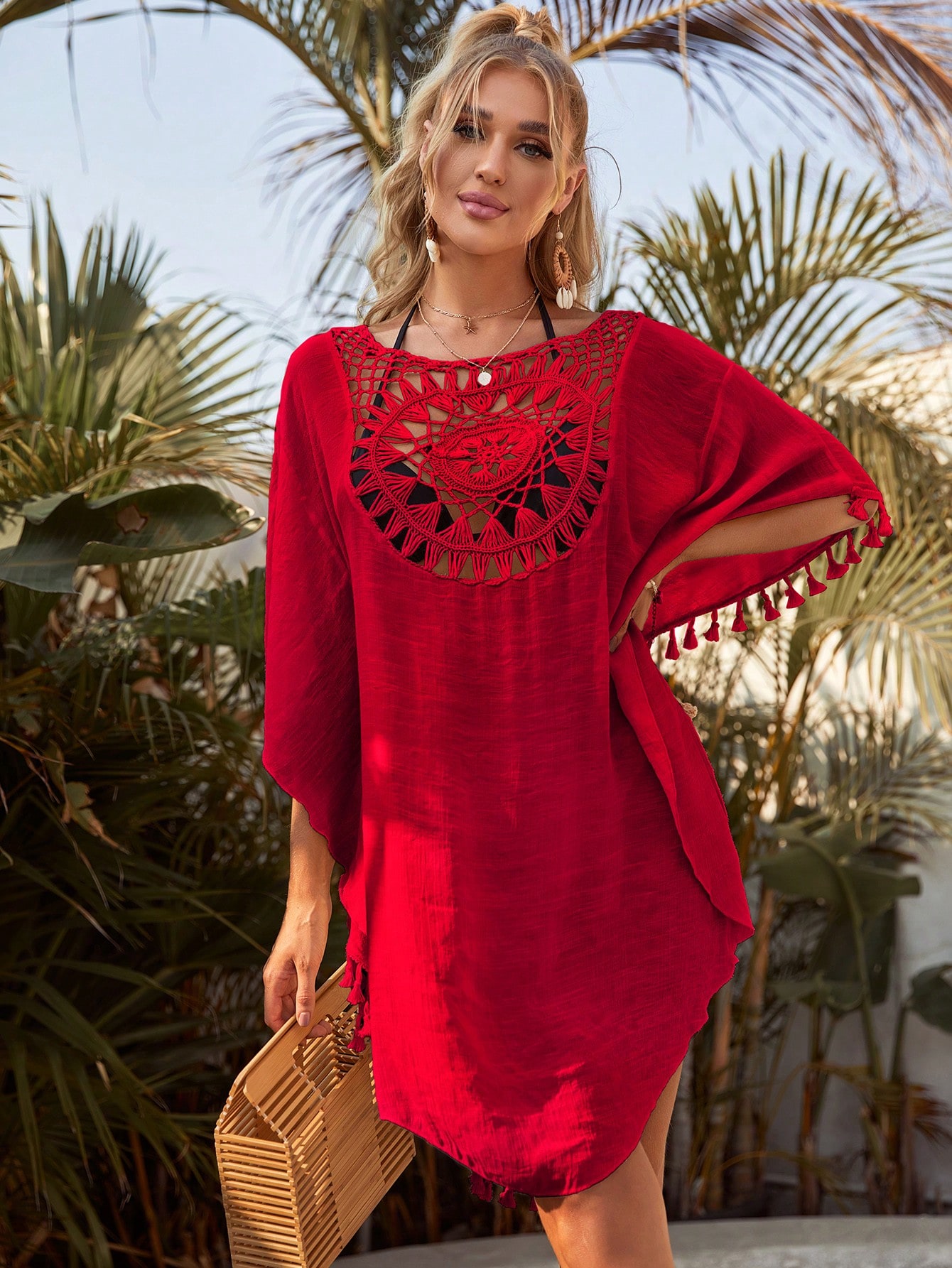 SHEIN Swim Vcay Hollow Out Tassel Trim Cover Up Dress SHEIN USA