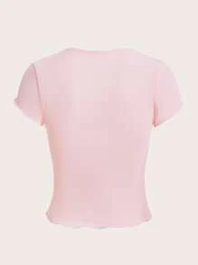 Sweetness Cat & Slogan Graphic Lettuce Trim Tee - Pink - View 2