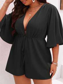 SHEIN VCAY 大碼素色露背喇叭袖連身短褲 - 黑色 - 查看 4