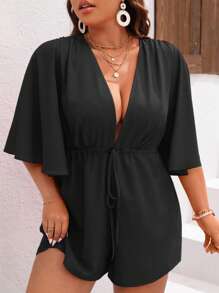 SHEIN VCAY 大碼素色露背喇叭袖連身短褲 - 黑色 - 查看 5