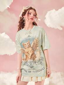 ROMWE Kawaii Tie Dye Cartoon Graphic Drop Shoulder Tee - Multicolor - View 1