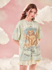 ROMWE Kawaii Tie Dye Cartoon Graphic Drop Shoulder Tee - Multicolor - View 4