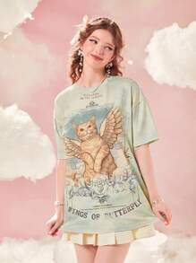 ROMWE Kawaii Tie Dye Cartoon Graphic Drop Shoulder Tee - Multicolor - View 5