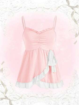 Kawaii Ruched Frill Trim Wrapped Cami Top