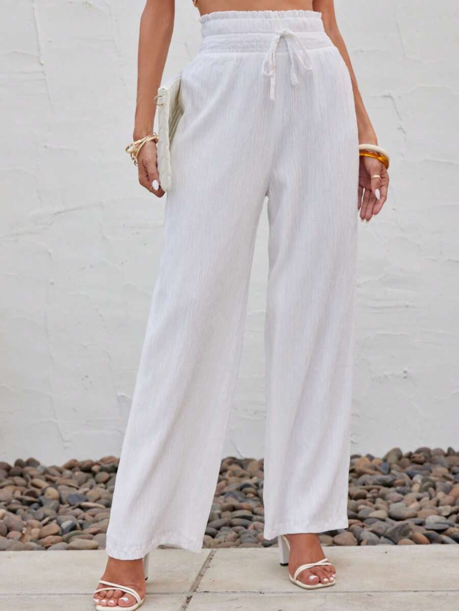 SHEIN LUNE 素色腰部抽繩闊腿褲 - 白色 - 查看 1