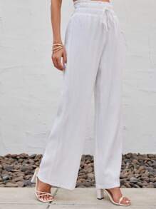 SHEIN LUNE 素色腰部抽繩闊腿褲 - 白色 - 查看 3