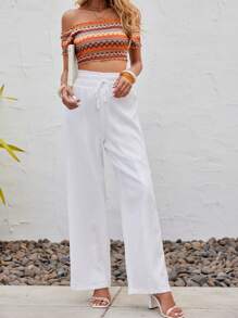 SHEIN LUNE 素色腰部抽繩闊腿褲 - 白色 - 查看 5