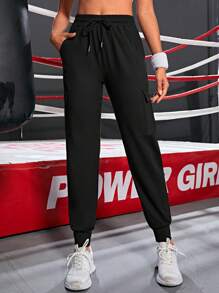 Yoga Basic Drawstring Waist Flap Pocket Side Sports Trousers - Black - View 3