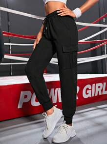 Yoga Basic Drawstring Waist Flap Pocket Side Sports Trousers - Black - View 1