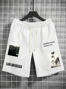 Manfinity EMRG Men Picture & Letter Graphic Drawstring Waist Shorts - White - View 1