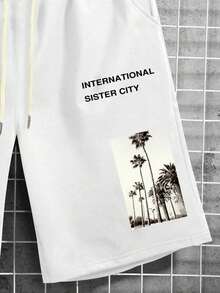 Manfinity EMRG Men Picture & Letter Graphic Drawstring Waist Shorts - White - View 4