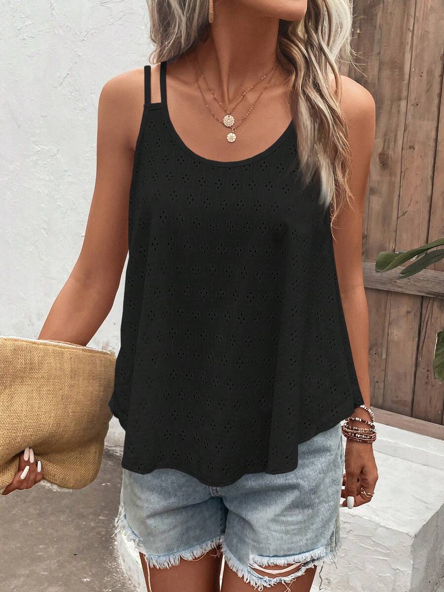 SHEIN LUNE Áo khoác và áo lót dành cho xe tăng nữ Tranh thêu màu trơn Boho - màu đen - Xem 1