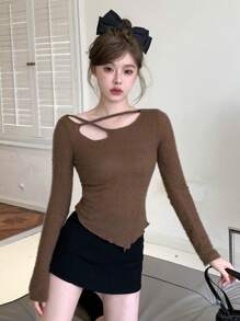 DAZY 素色綁帶細節弧形下擺修身T恤 - 咖啡棕 - 查看 3