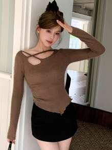 DAZY 素色綁帶細節弧形下擺修身T恤 - 咖啡棕 - 查看 5