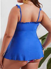 SHEIN Swim Curve 大码花卉印花荷叶边分体泳衣夏季海滩 - 寶藍色 - 查看 2