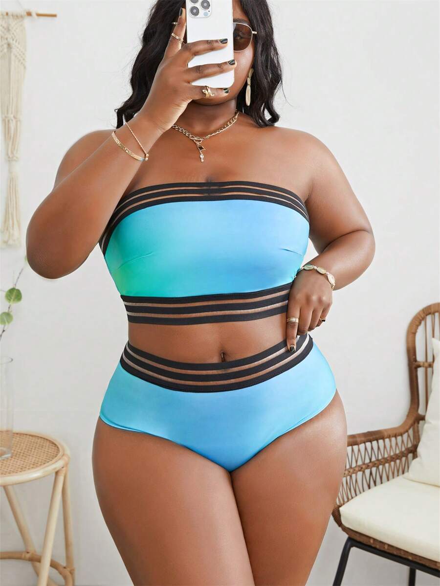 SHEIN Swim Curve Plus Size Ombre Contrast Mesh Bandeau Bikini Set Summer Beach - Blue - View 1