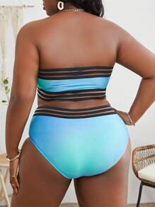 SHEIN Swim Curve Plus Size Ombre Contrast Mesh Bandeau Bikini Set Summer Beach - Blue - View 2