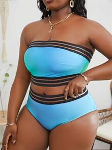 SHEIN Swim Curve Plus Size Ombre Contrast Mesh Bandeau Bikini Set Summer Beach - Blue - View 4