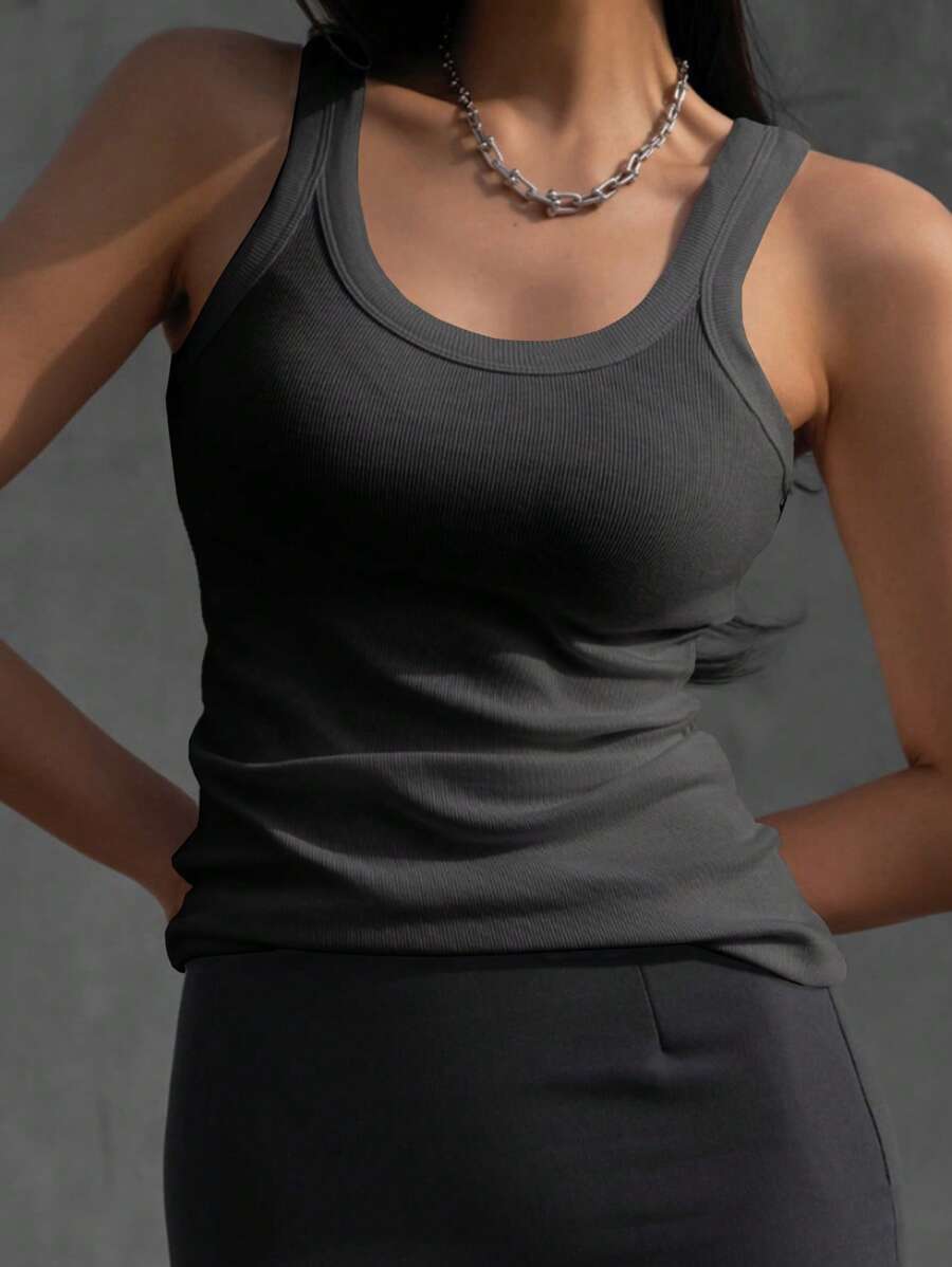 DAZY 素色條紋針織背心上衣 - 深灰色 - 查看 1