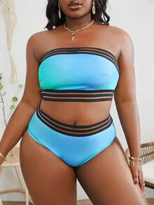 SHEIN Swim Curve Plus Size Ombre Contrast Mesh Bandeau Bikini Set Summer Beach - Blue - View 5