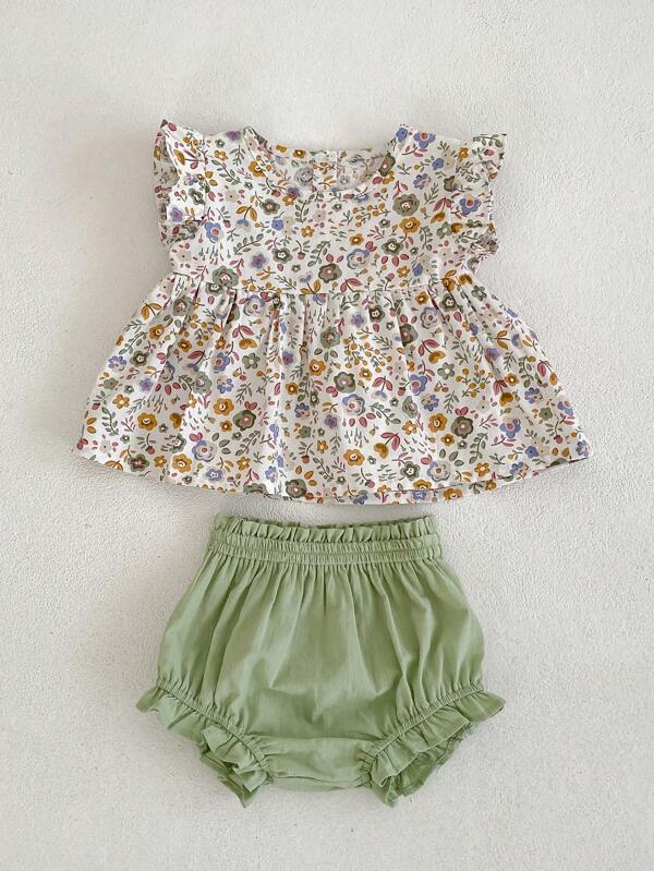 2pcs Baby Girls' Cute Floral Print Outfits For Summer