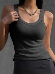 DAZY 素色條紋針織背心上衣 - 深灰色 - 查看 5