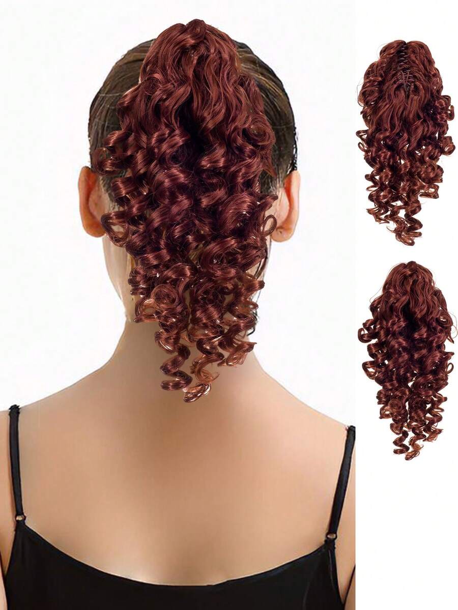 Short Curly Ponytail Synthetic Hair Extension - Red - View 1