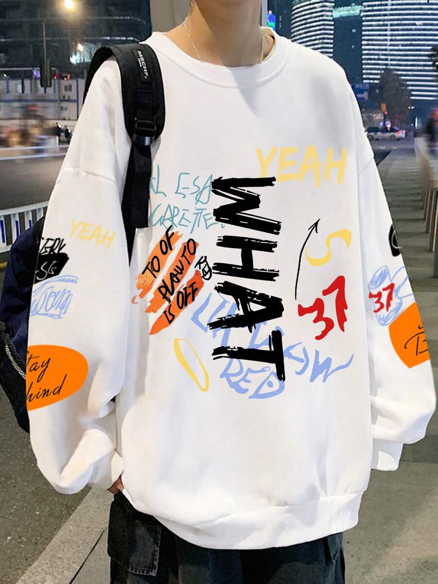 Manfinity Hypemode Loose Fit Men's Letter Print Drop Shoulder Sweatshirt - White - View 1
