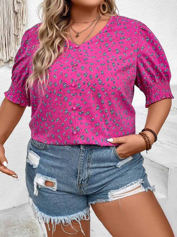 SHEIN LUNE Plus Ditsy Floral Print Puff Sleeve Blouse - Multicolor - View 4