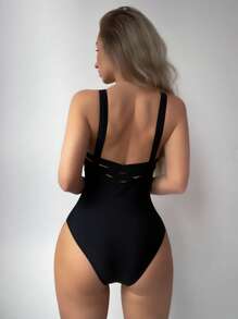 SHEIN Swim Bañador una pieza unicolor cruzado trasero - Negro - Ver 2