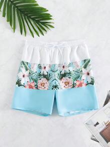 Surfspeed 男士1入組熱帶圖案腰部抽繩泳褲 - 藍白色 - 查看 1