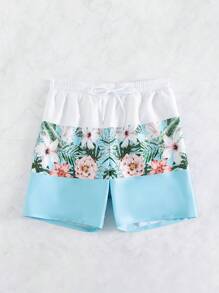 Surfspeed 男士1入組熱帶圖案腰部抽繩泳褲 - 藍白色 - 查看 6