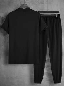 Manfinity Homme Hombres Pantalones deportivos con camiseta con estampado de letra - Negro - Ver 2