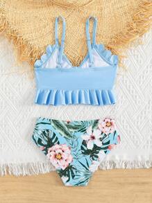 年轻女孩 1 套热带印花荷叶边比基尼套装夏季海滩 - 彩色 - 查看 2